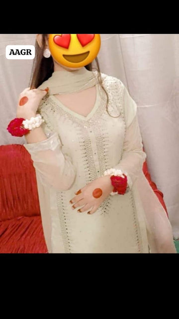 Stuff Soft Bhimber Chiffon Mukesh Kamdani Gala Front Heavy Work & Sleeves Mukesh Work And Bhamber Chiffon Dupatta 2PC Dress